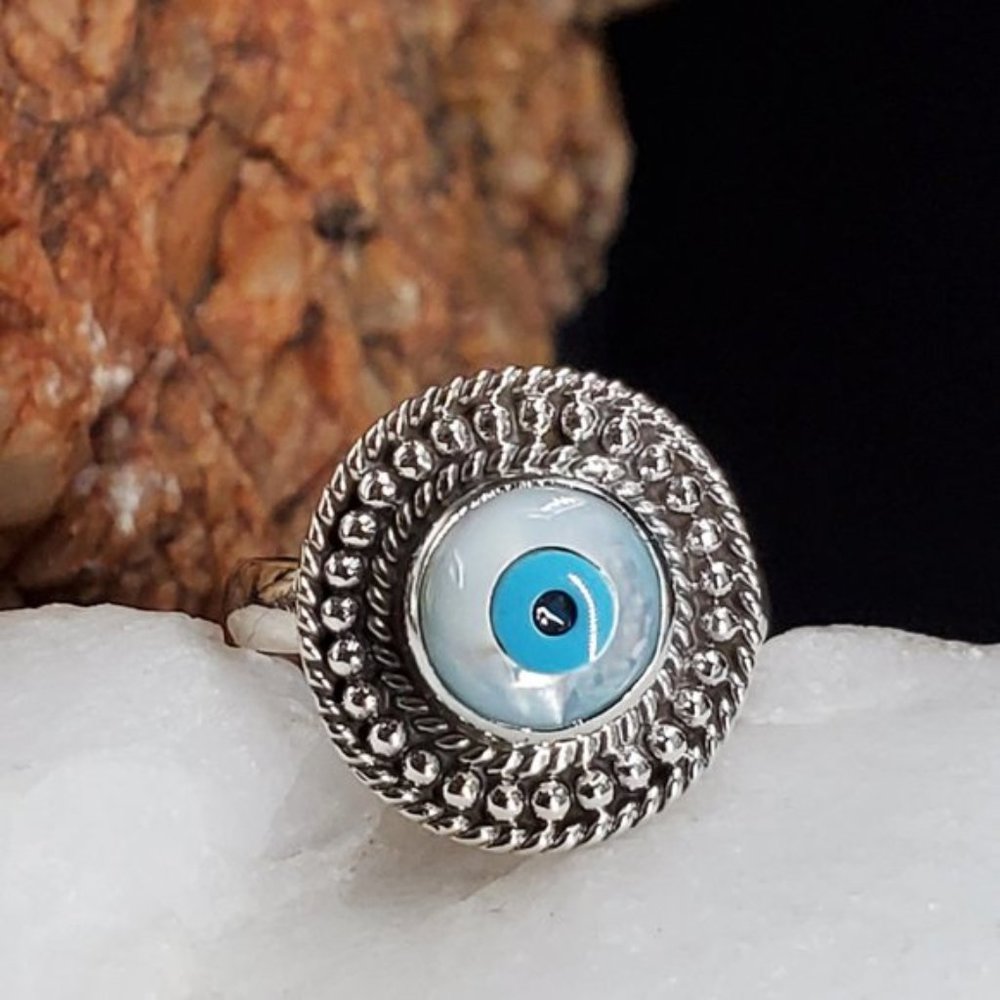 Sterling Silver Ring 925 Evil Eye Protective Designer Mother Of Pearl